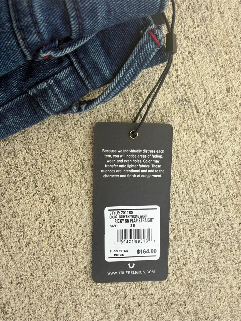 $164 True Religion Men’s Ricky SN Flap Straight Denim Jeans Size 36 X 32 NWT